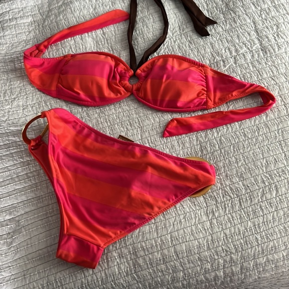Sugar free swim bikini by Vanessa hall pink orange stripe strapless gold accent - Picture 3 of 9